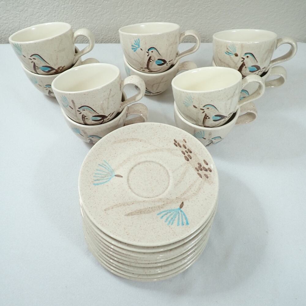 Red Wing Bob White Quail 10 Cup Saucer Sets MCM Hand Painted Pottery Vintage